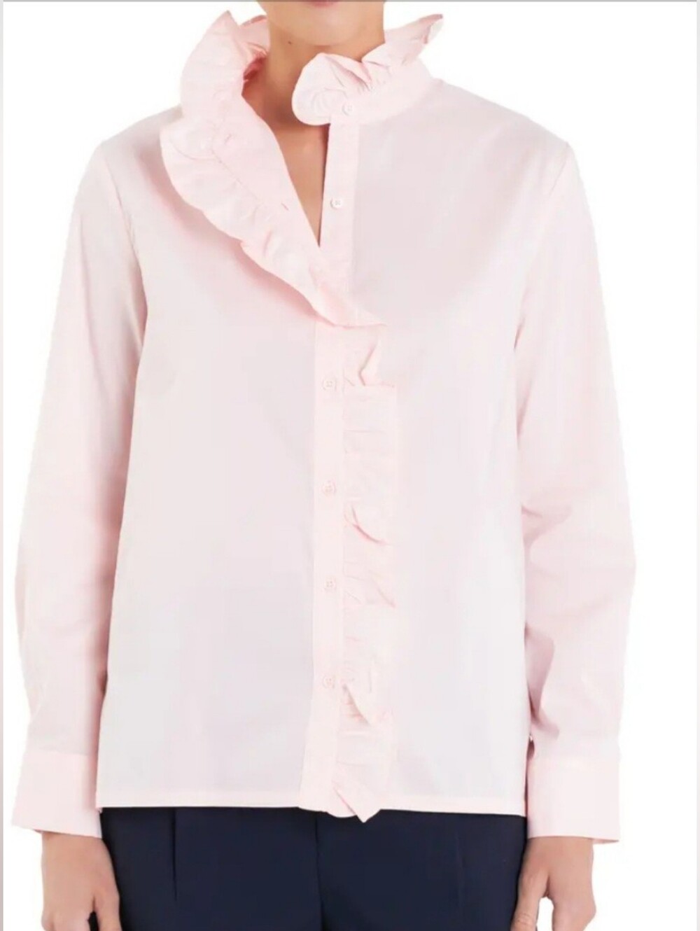 English Factory Soft Pink Ruffle-Front Button Blouse. Size M